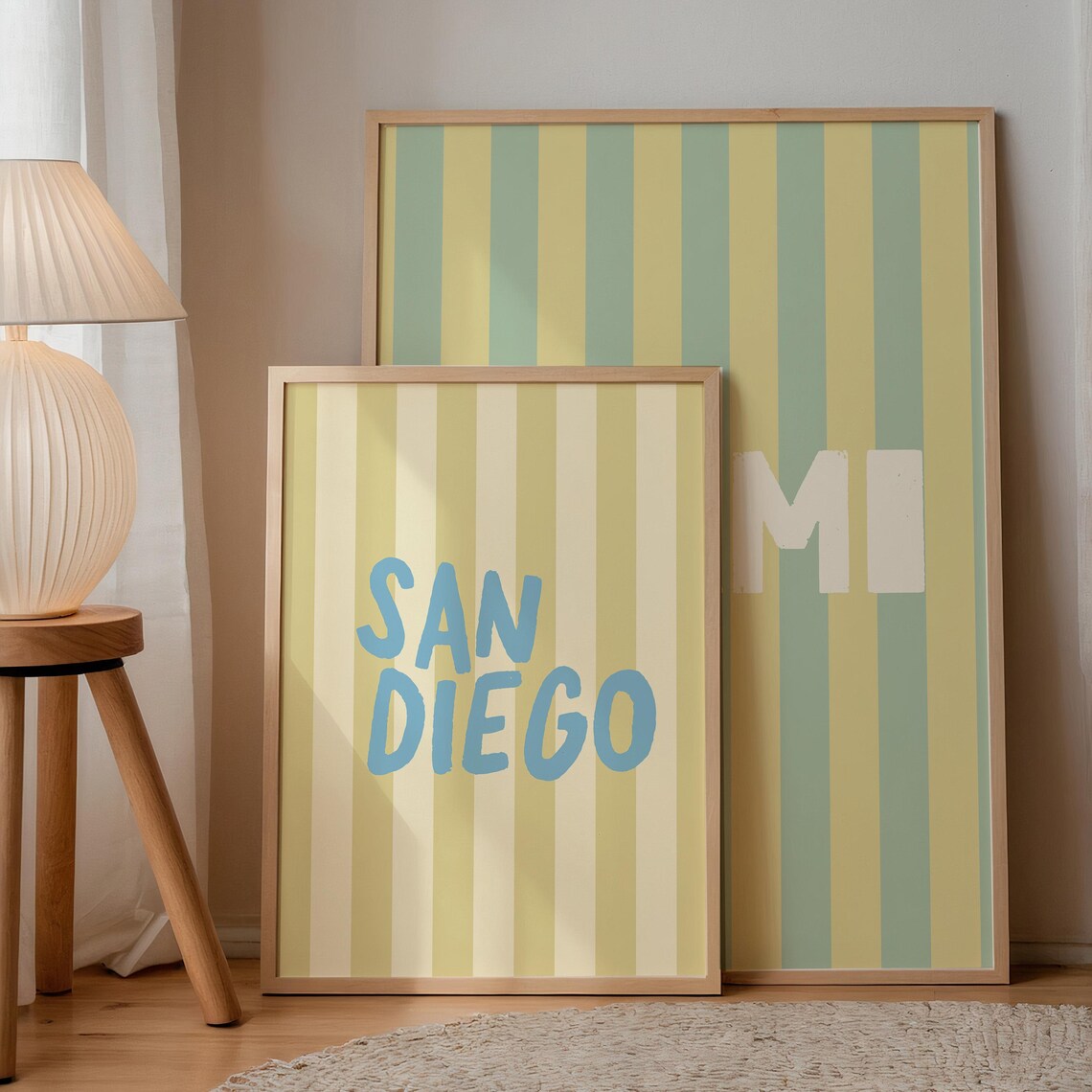 San Diego Blue Hand Lettered Green Striped Vertical City Name Poster