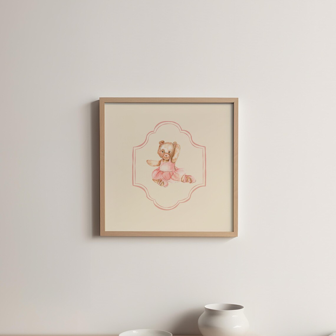 Ballet Teddy Bear Pink Border Square Watercolor Nursery Ballerina Art Print - Image 5