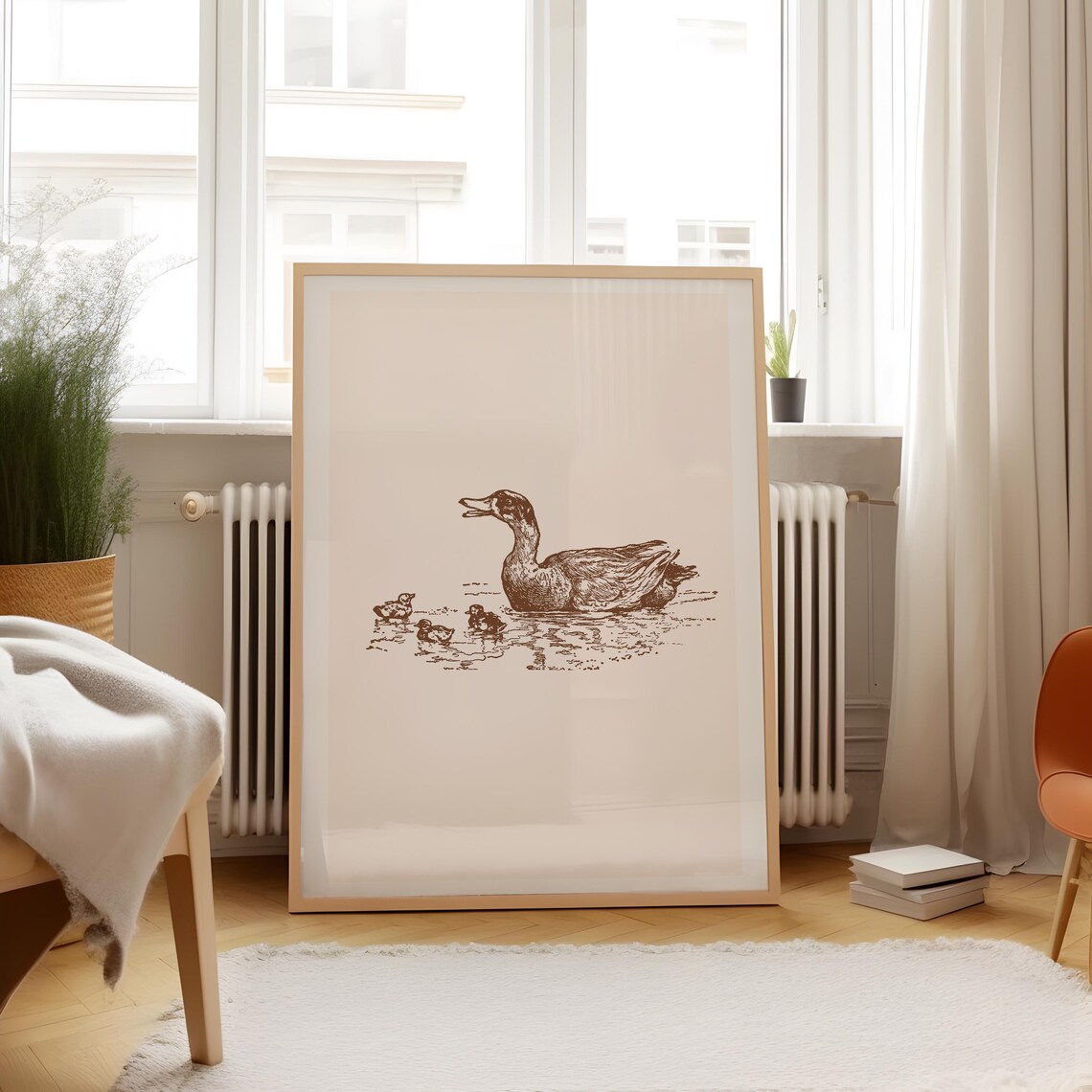 Vintage Mother Duck and Ducklings Swimming Sepia Sketch Poster - Image 2