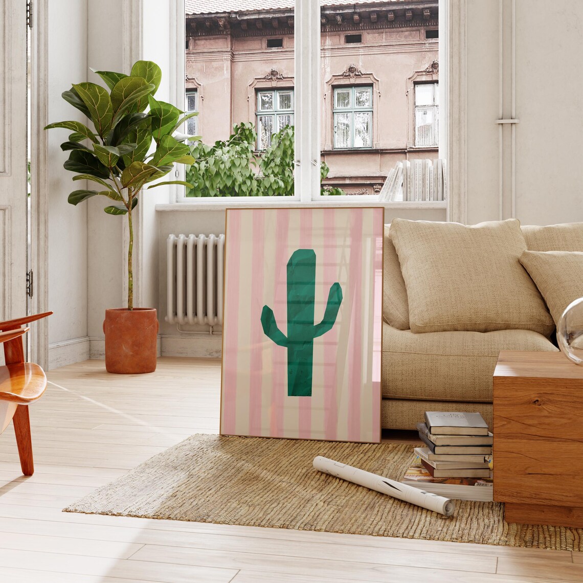 Emerald Green Cactus Pink Striped Background Modern Desert Art Poster - Image 4