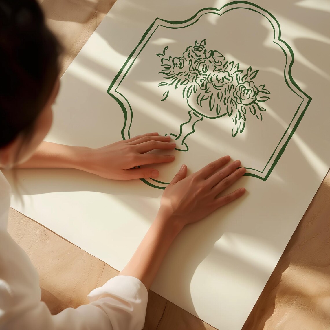 Forest Green Floral Urn Crest Line Art Cream Minimalist Art Poster - Image 4
