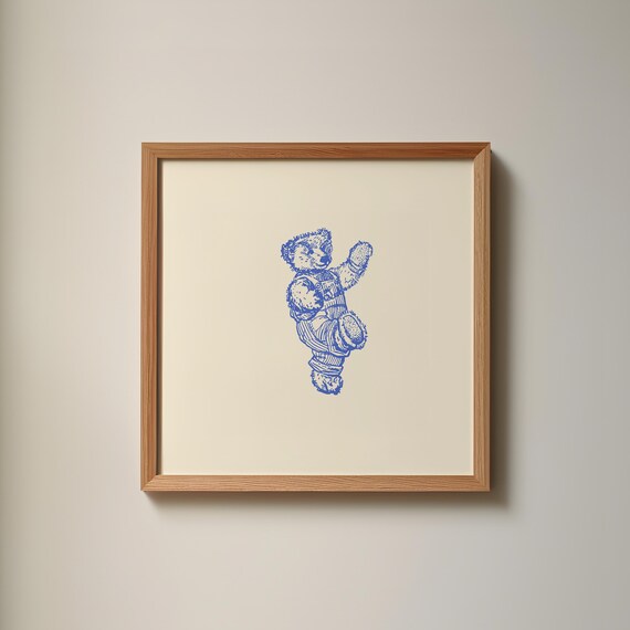 Blue Ink Handstand Teddy Bear Sketch Square Animal Decor Poster
