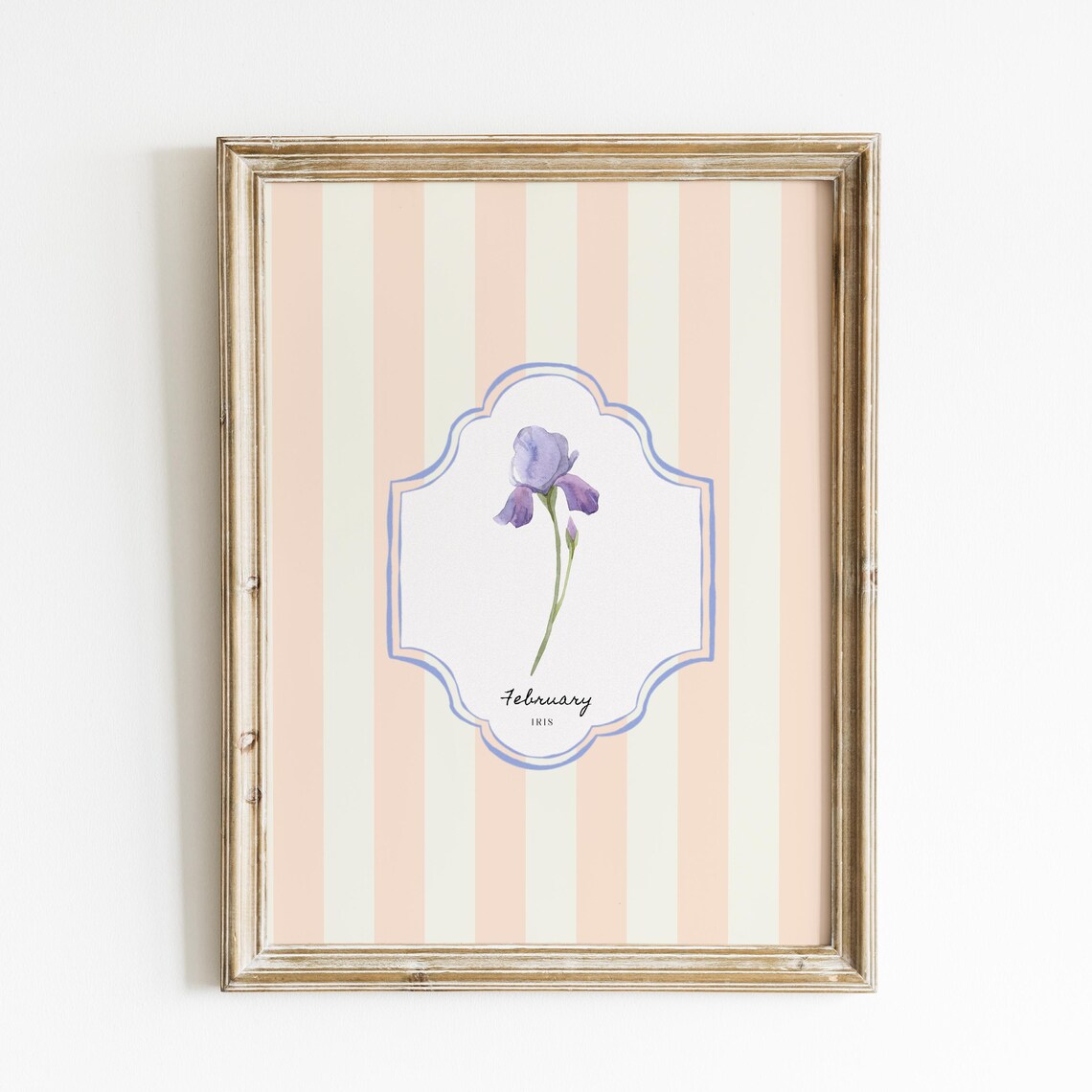 February Iris Birth Flower Striped Watercolor Botanical Wall Art Print