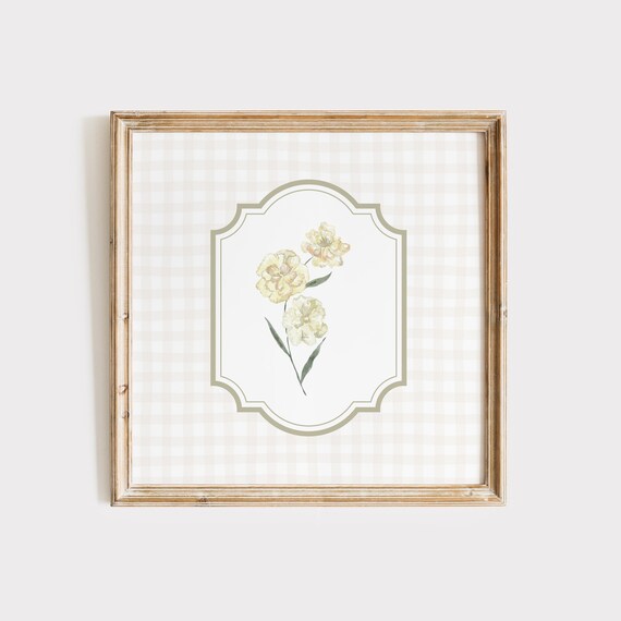Cream Gingham White Floral Frame Vintage Cottagecore Wall Decor Poster