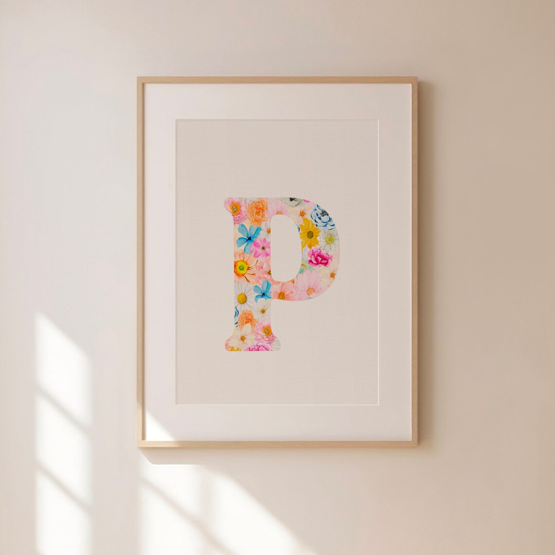 Floral Letter P Poster with Watercolor Wildflowers on Clean White