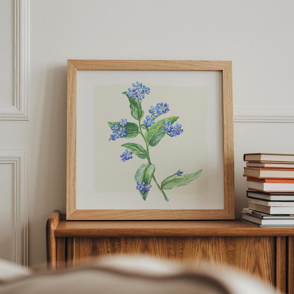Blue Forget Me Not Stem Watercolor Botanical Wall Art Print Decor