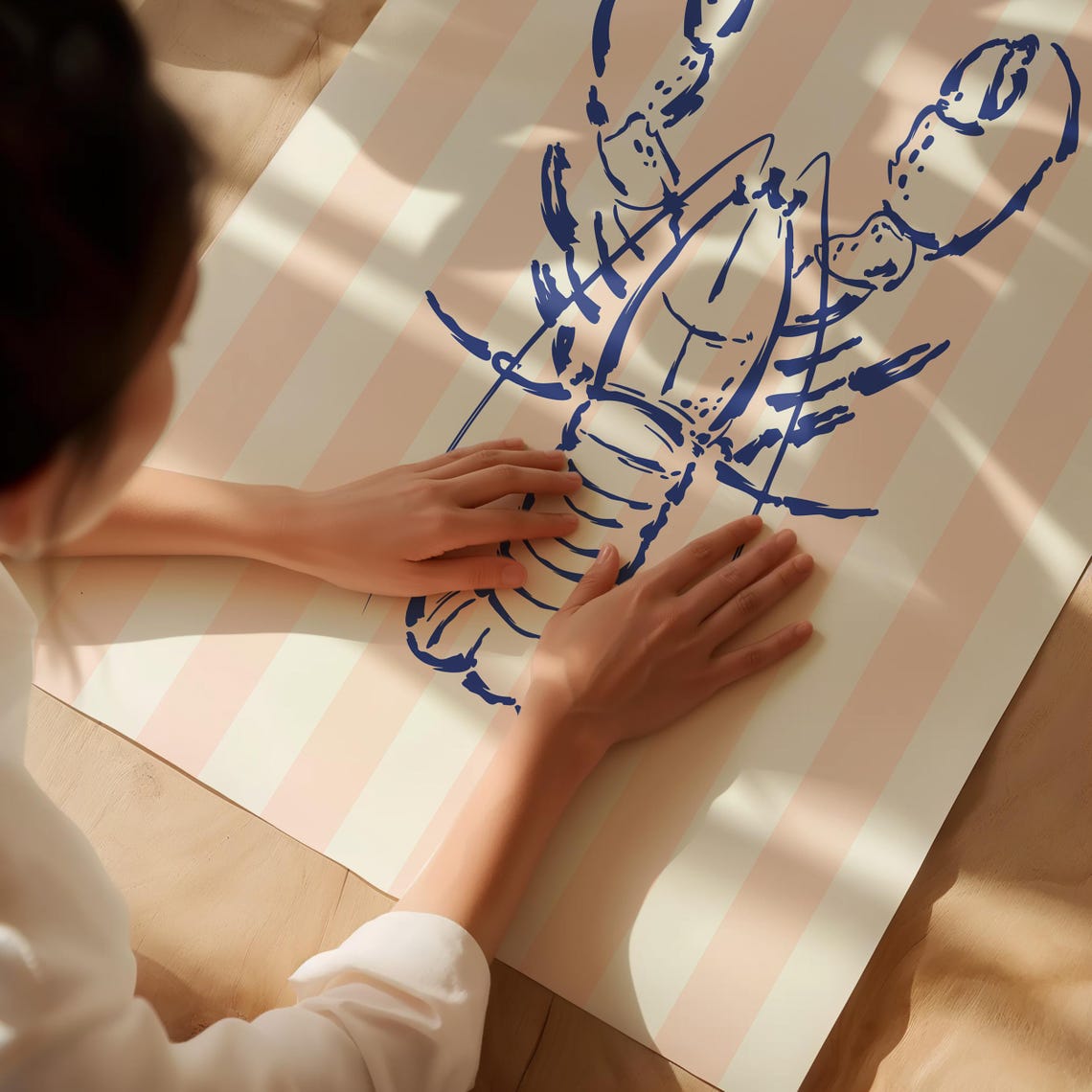 Peach Striped Blue Lobster Line Art Coastal Kitchen Wall Poster - Image 5