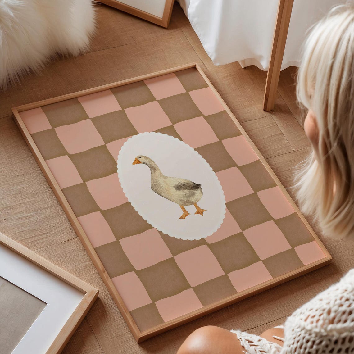 White Watercolor Goose Oval Cameo on Mauve Gingham Check Poster