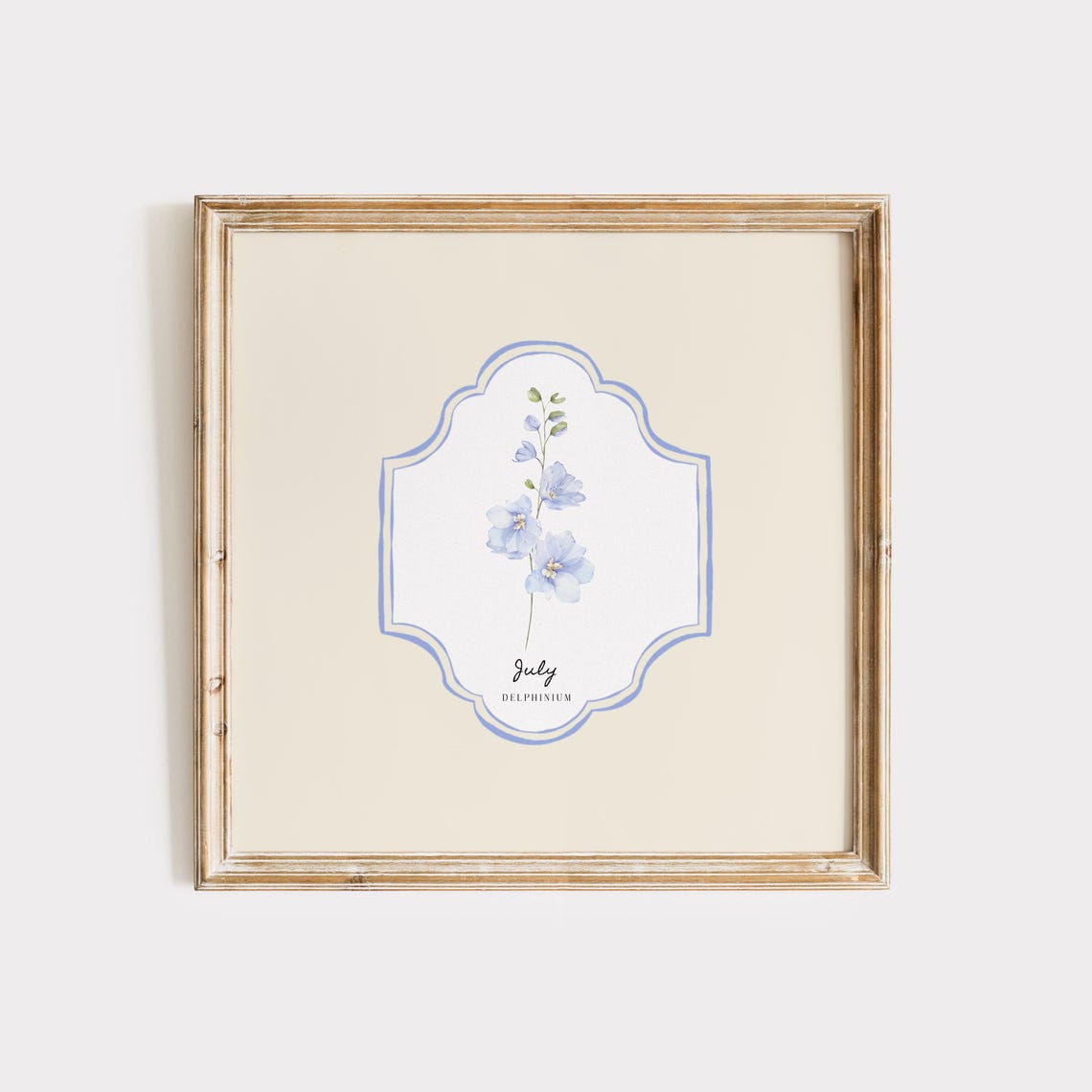 July Delphinium Birth Month Flower Cream Botanical Wall Art Poster