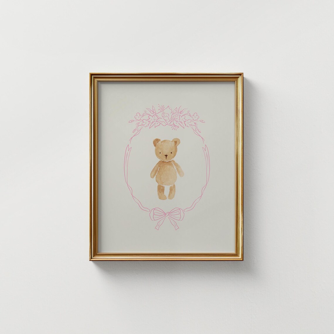 Watercolor Teddy Bear Pink Floral Wreath Baby Nursery Wall Art - Image 4