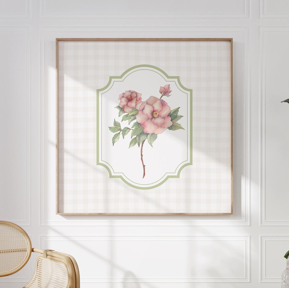 Blush Pink Rose Stem in Sage Green Frame on White Gingham Floral Poster - Image 2