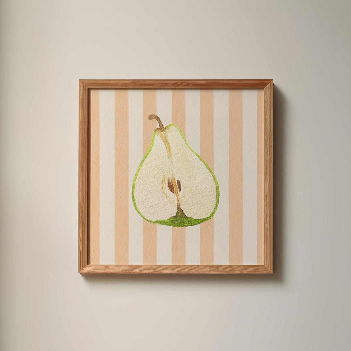Sliced Green Pear Watercolor on Peach Striped Background Poster