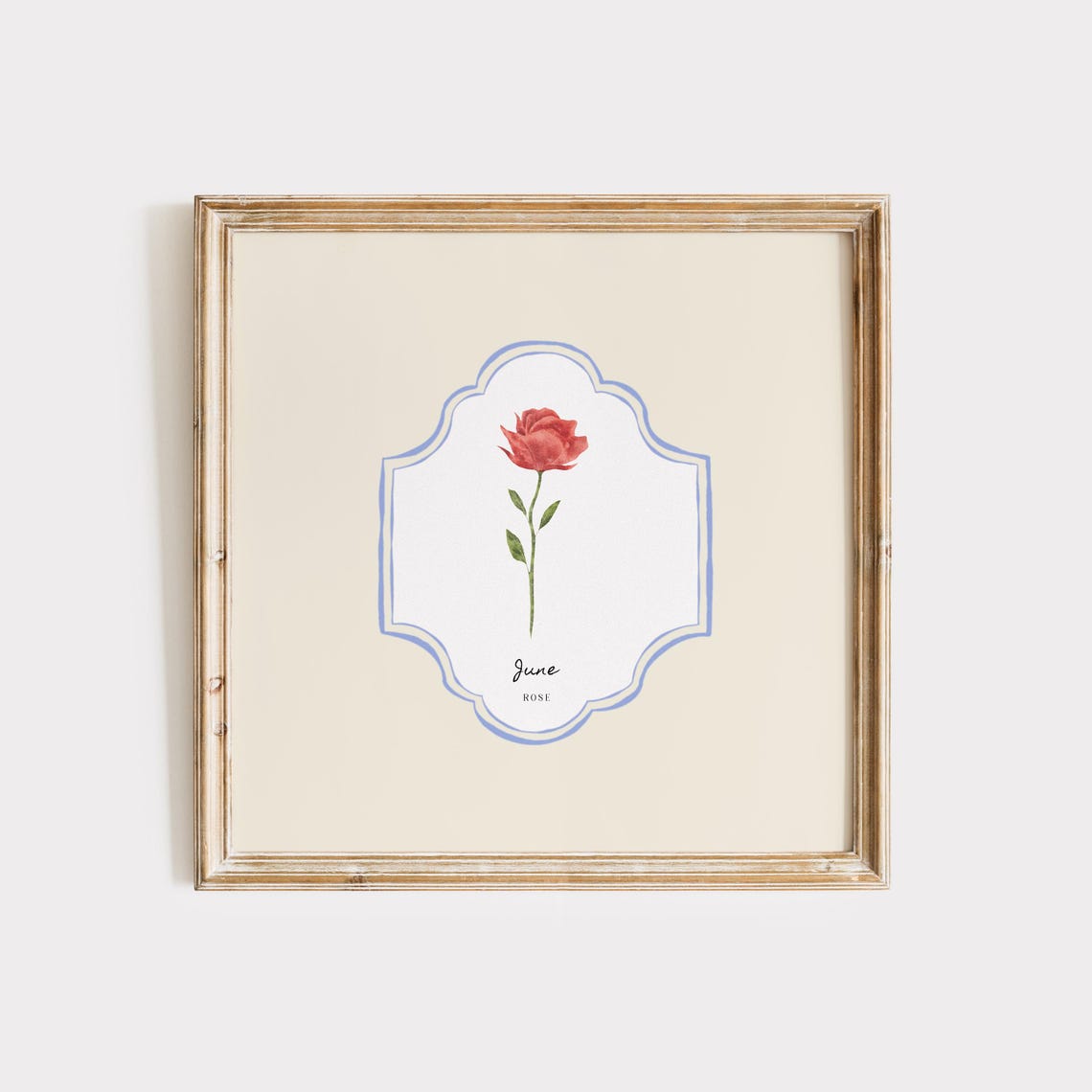 June Birth Month Rose Watercolor Botanical Crest Wall Decor Print