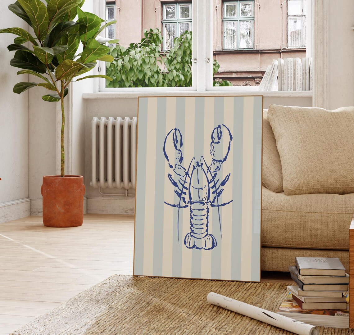 Blue Striped Lobster Illustration, Coastal Decor Art Print - Image 4