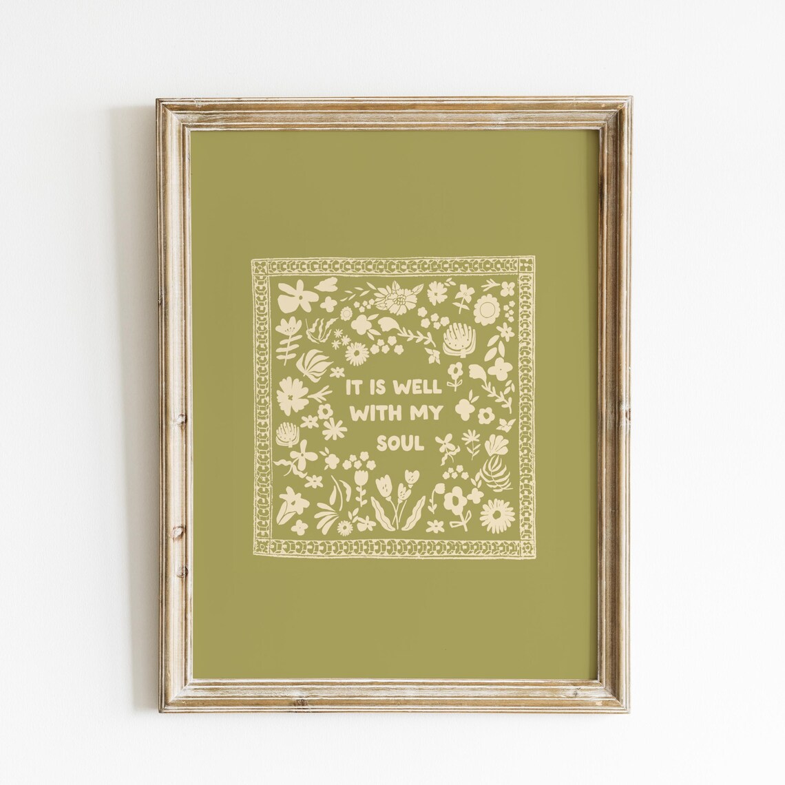 It Is Well With My Soul Cream Folk Quote Olive Green Wall Art Print - Image 2