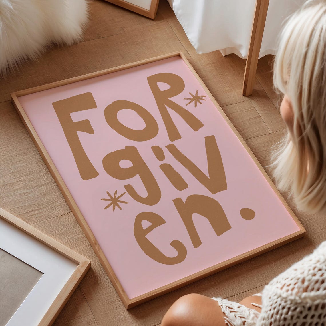 Forgiven Mocha Lettering Pink Christian Quote Square Decor Poster
