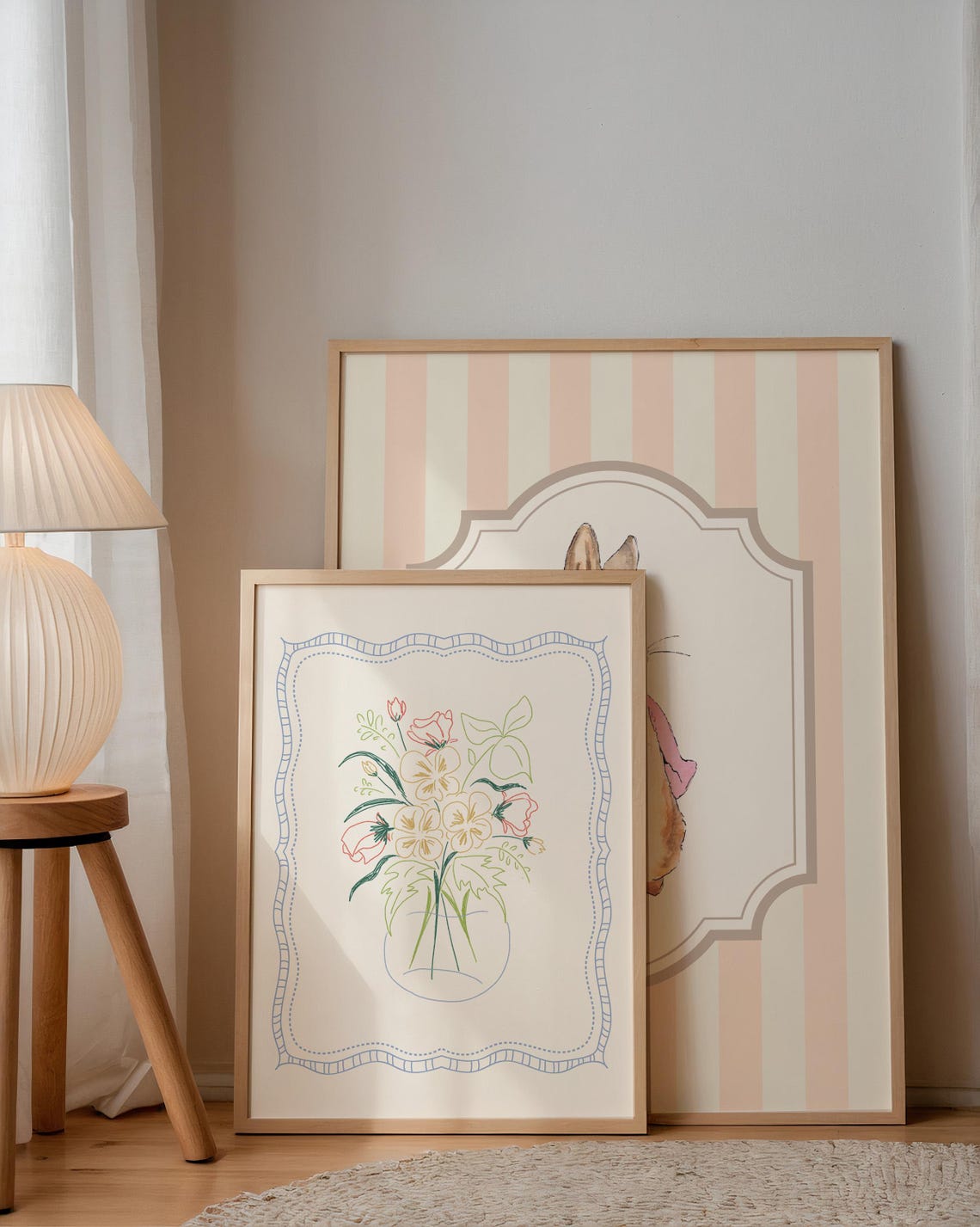 Pastel Yellow Pink Blossom Bouquet Line Art Vase Doodle Art Poster - Image 4