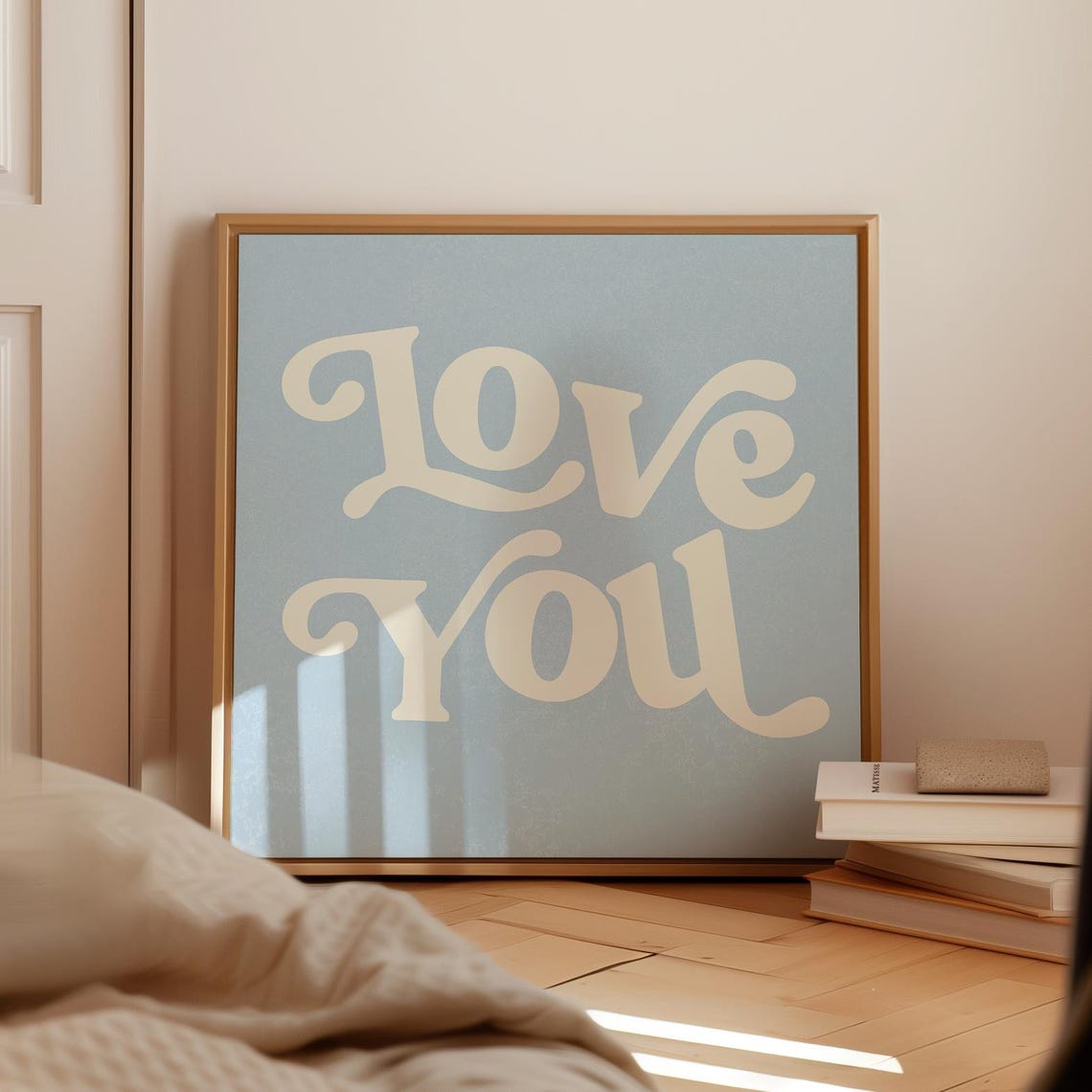 Cream Retro Love You Script Typography on Dusty Blue Bedroom Poster