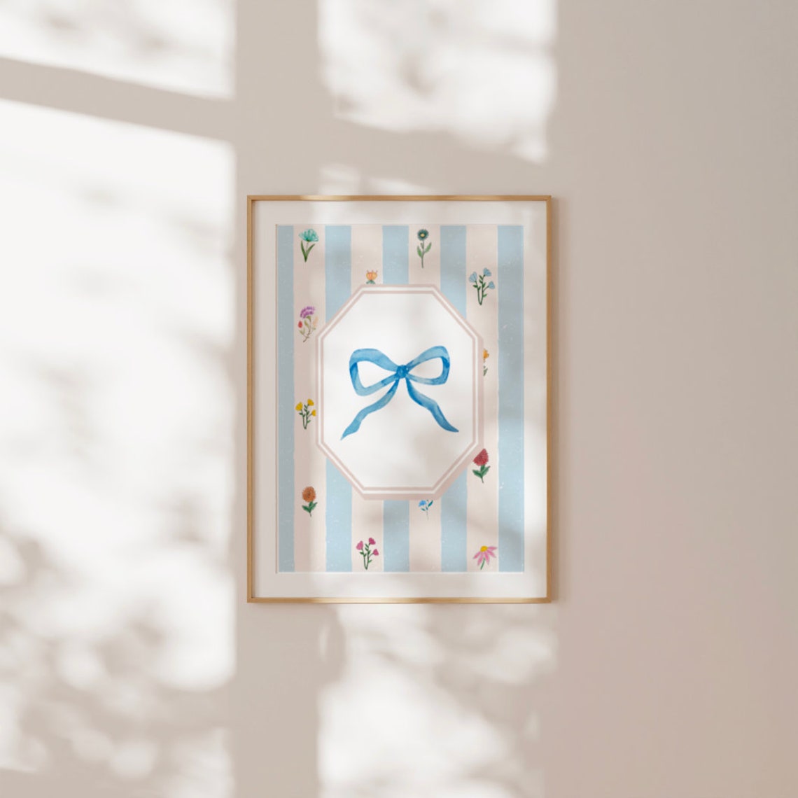Blue Ribbon Bow Wallpaper Striped Floral Vintage Style Poster - Image 2