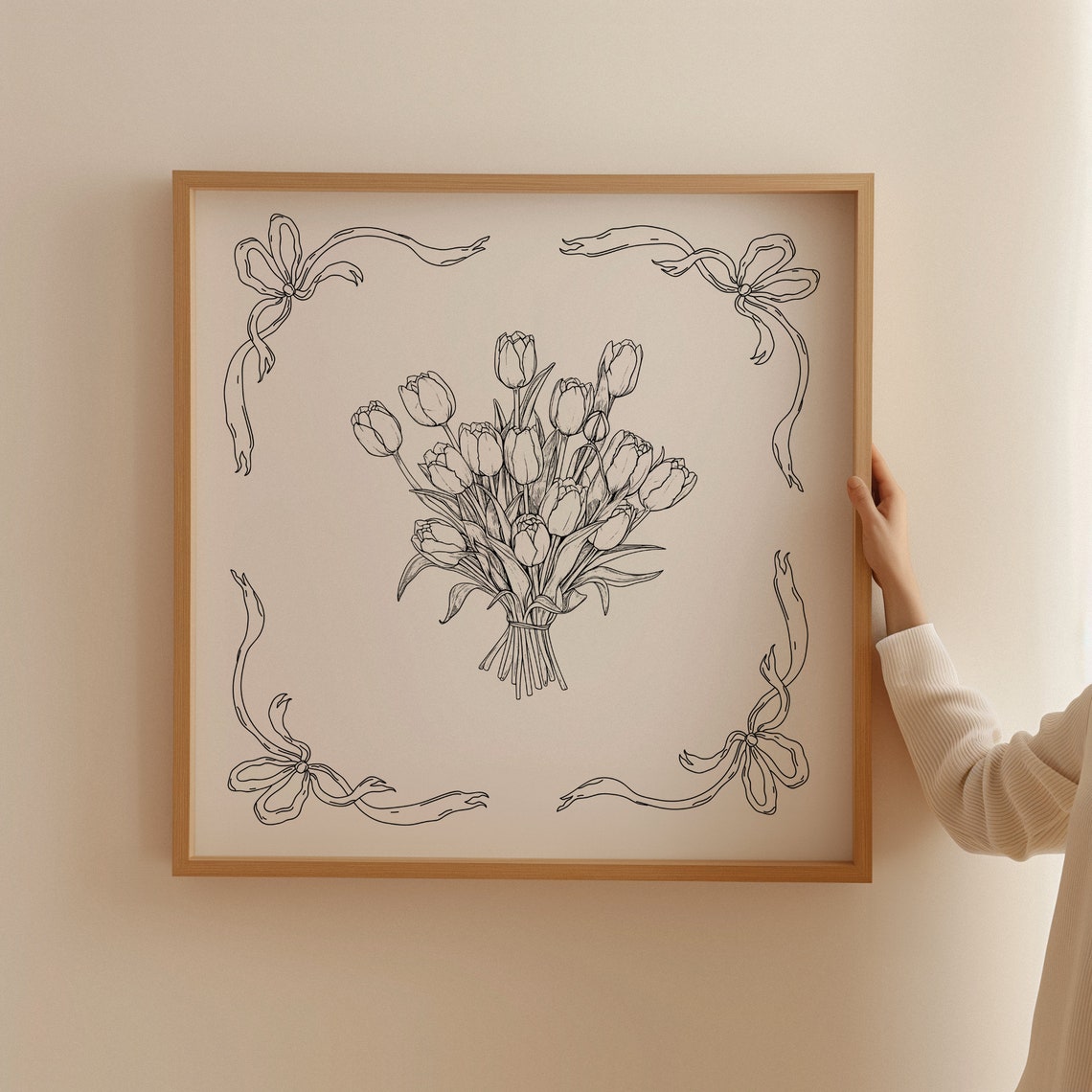 Black Line Tulip Bouquet With Corner Bows Sketch Style Poster - Image 2