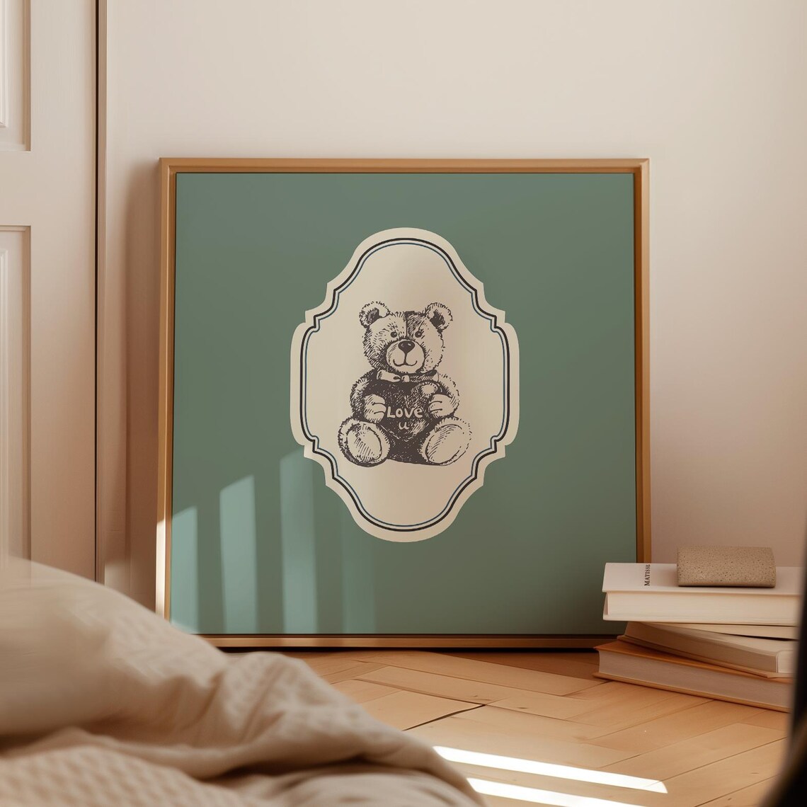 Vintage Teddy Bear Love Text Cream Medallion Green Nursery Wall Art