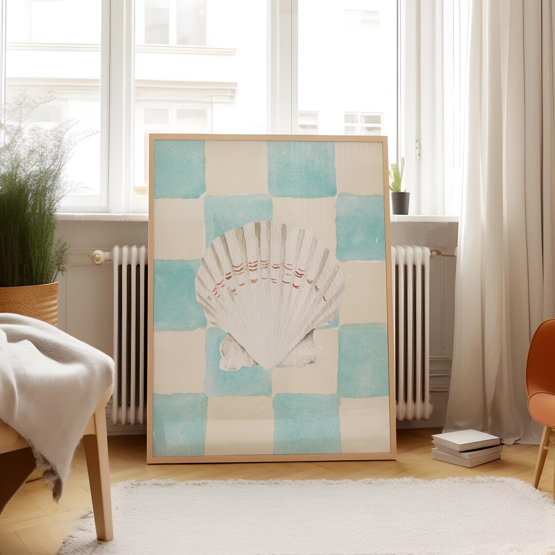 Watercolor Scallop Shell Blue Checkerboard Coastal Decor Art Poster