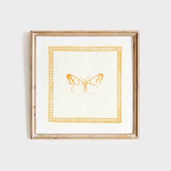 Vintage Mustard Yellow Minimal Butterfly Square Print Wall Art Kitchen Living Room Art Blue Thin Line Print