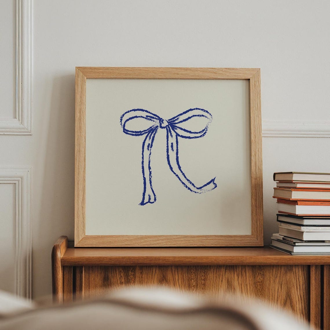 Navy Blue Ribbon Bow Hand Drawn Sketch Cream Square Decor Poster - Image 5