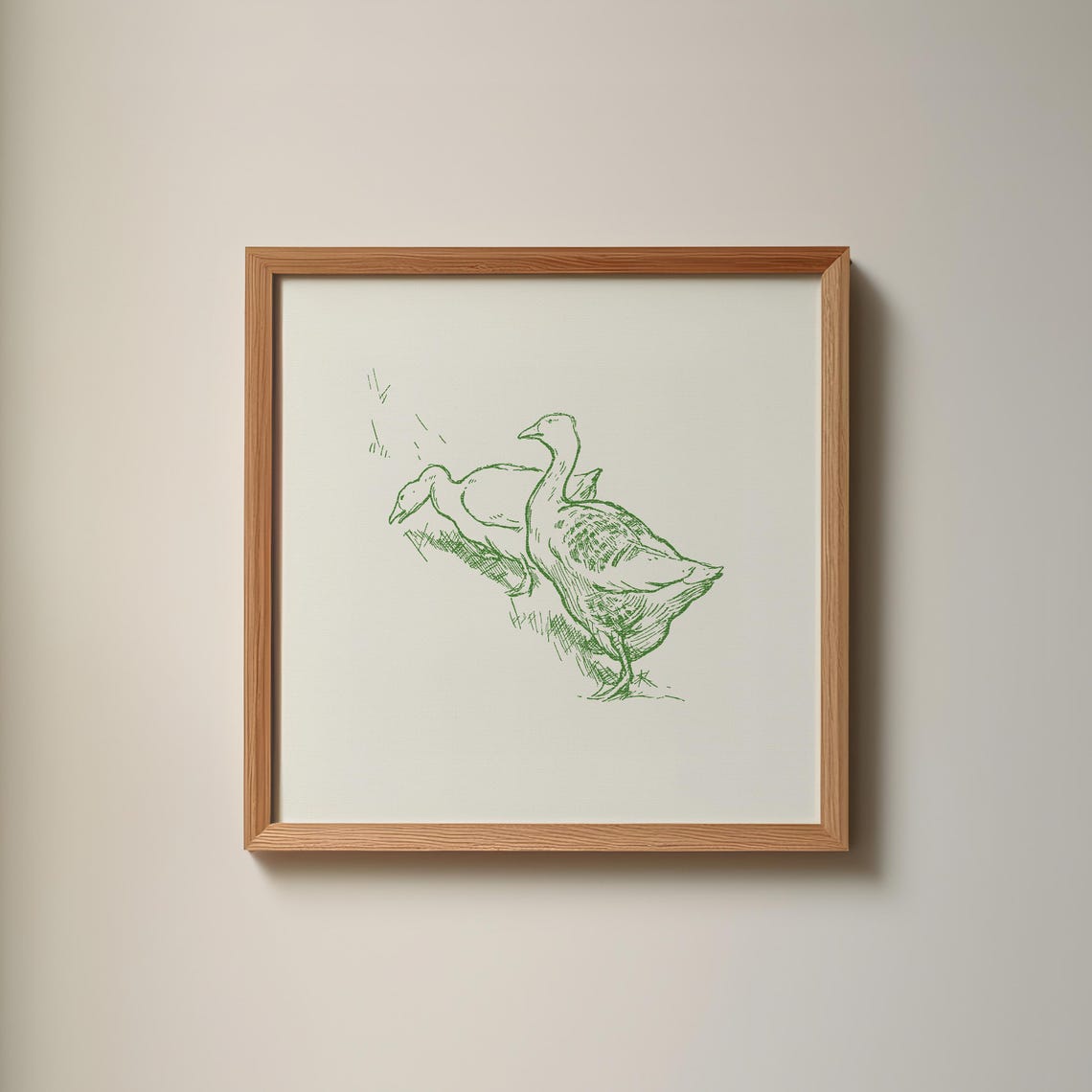 Farm Ducks Green Line Sketch Cream Minimalist Square Wall Art