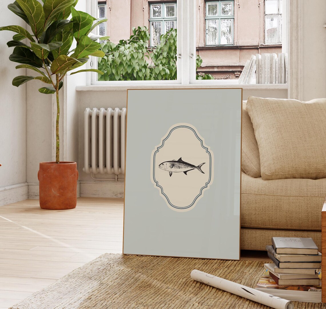 Baby Blue Vertical Fish Illustration Print Wall Art Trendy Decor Cornflower Blue Vintage - Image 2