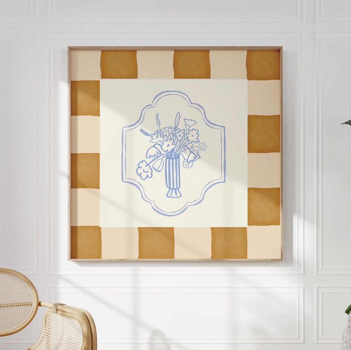 Playful Blue Wildflower Vase Art on Caramel Checkerboard Poster - Image 3
