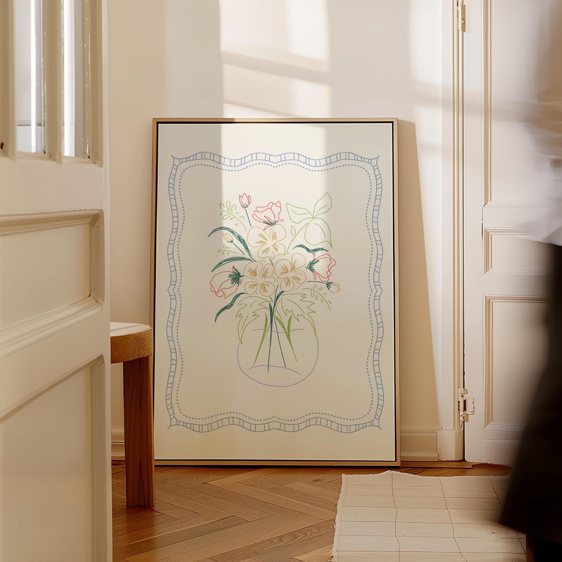 Pastel Yellow Pink Blossom Bouquet Line Art Vase Doodle Art Poster