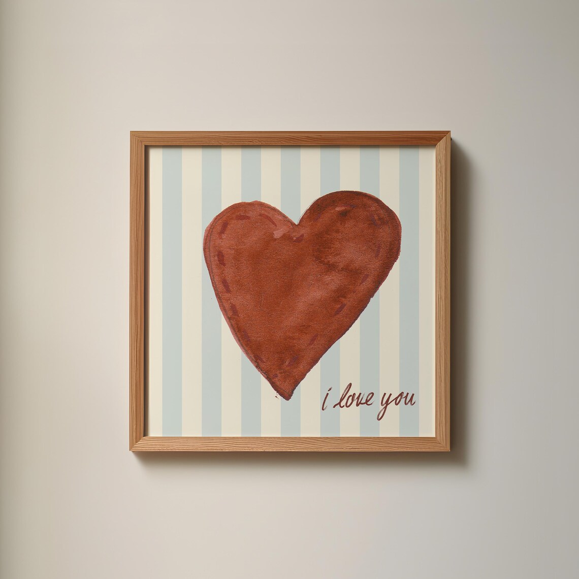Chocolate Brown Watercolor Heart I Love You Striped Wall Art Print