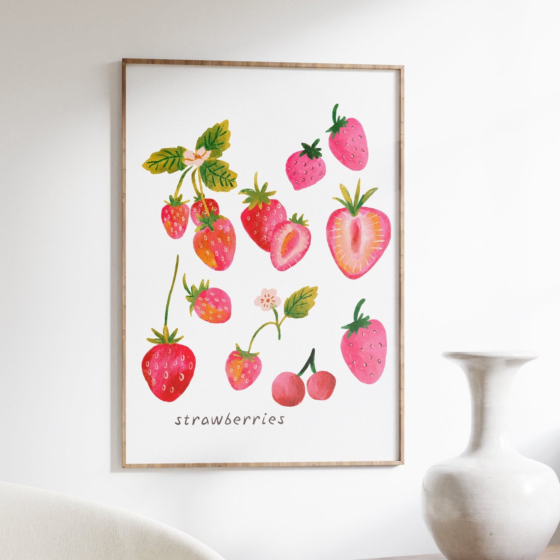 Watercolor Strawberry Fruit Illustration Kitchen Decor Poster