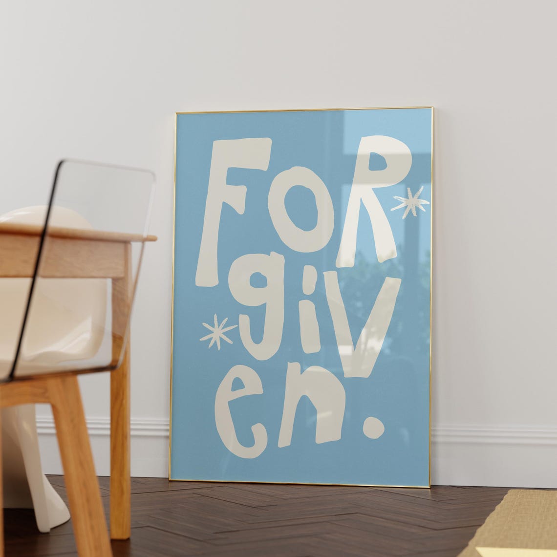 Forgiven Cream Lettering Sky Blue Christian Quote Square Decor Poster - Image 4