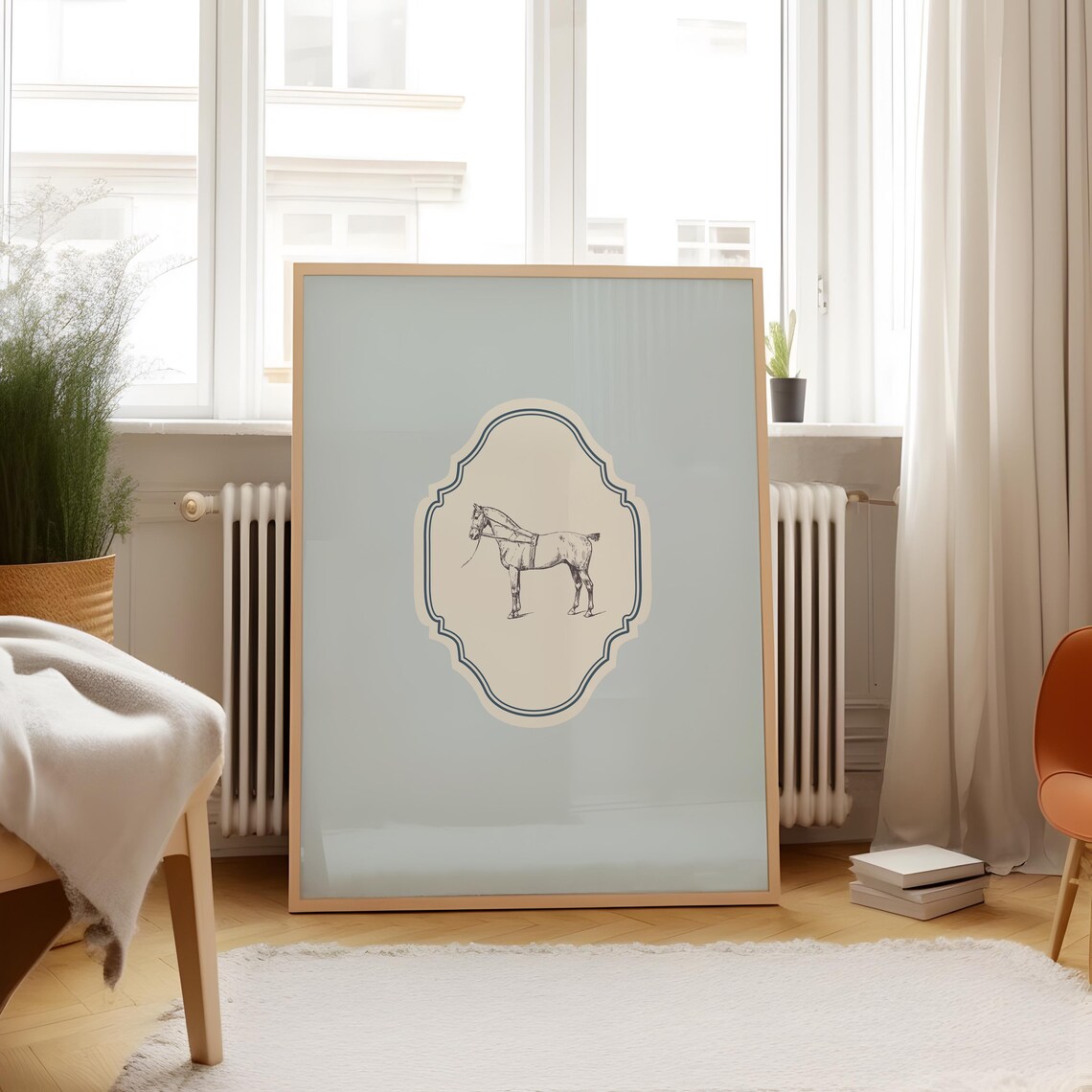 Vintage Horse Line Drawing Baby Blue Ornate Vertical Nursery Poster - Image 2