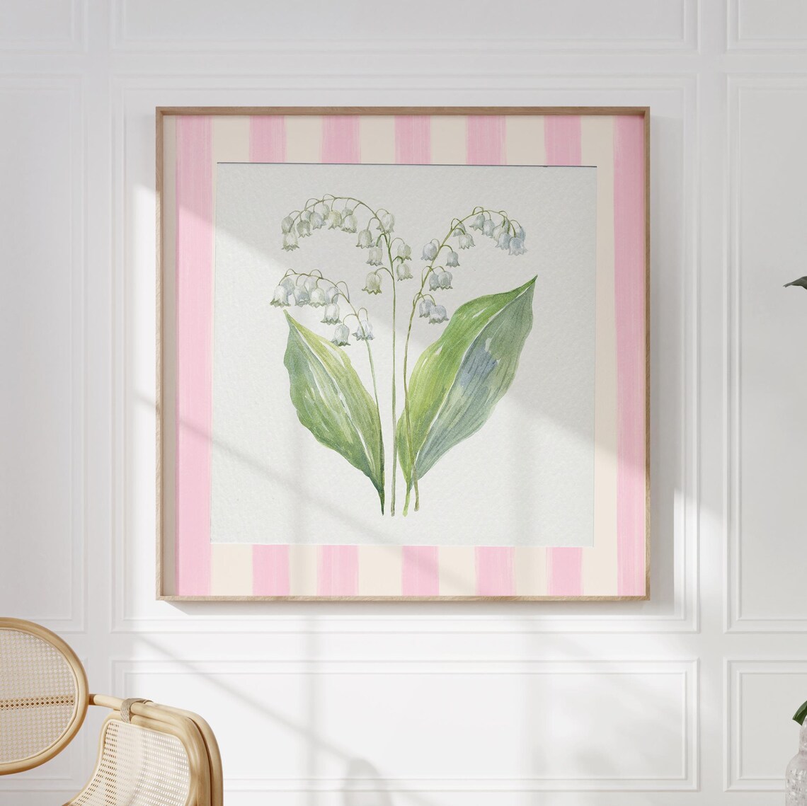 Pink Striped Border Lily of the Valley Watercolor Spring Floral Art Poster - Image 2