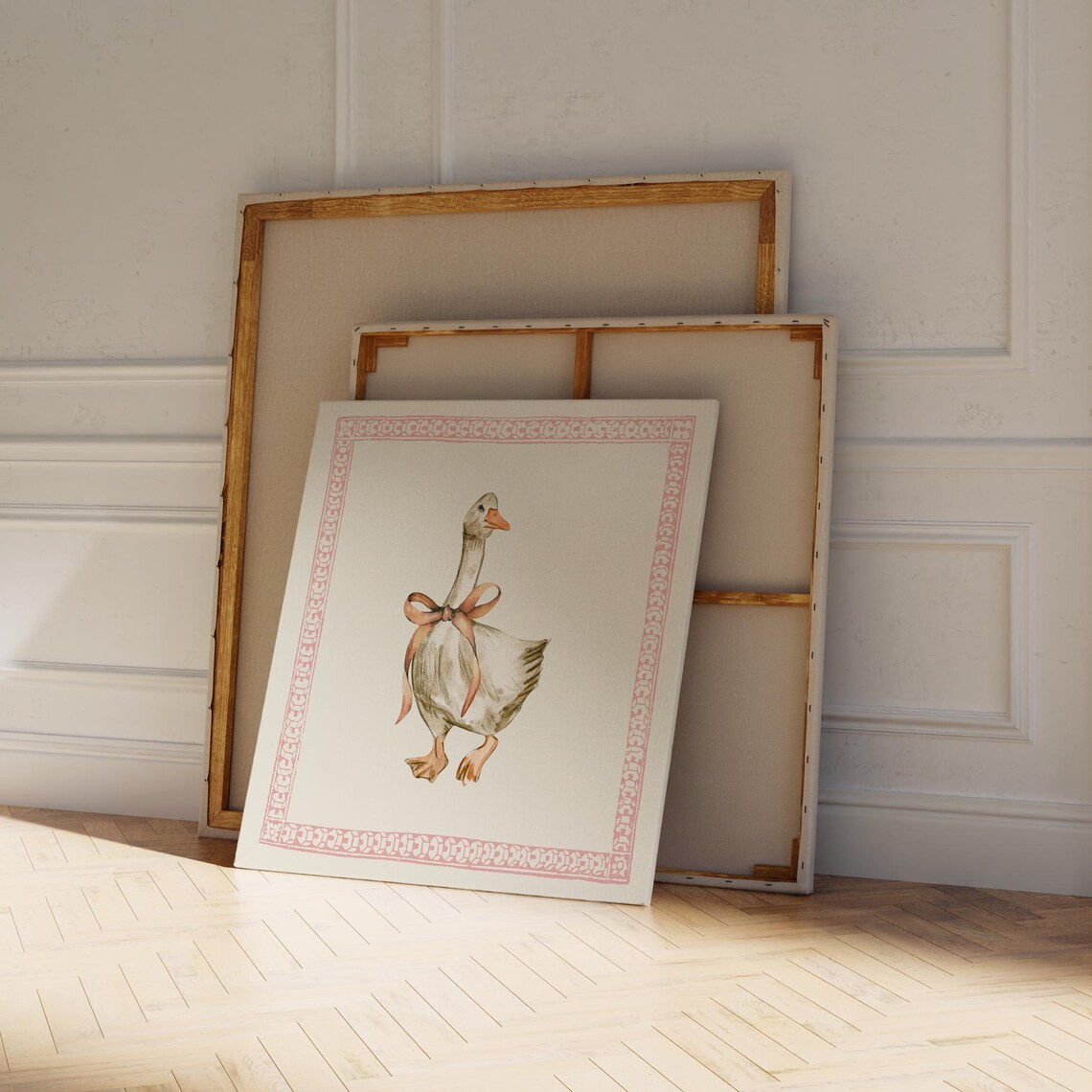 White Goose With Bow Watercolor Pink Border Nursery Wall Art Print - Image 5