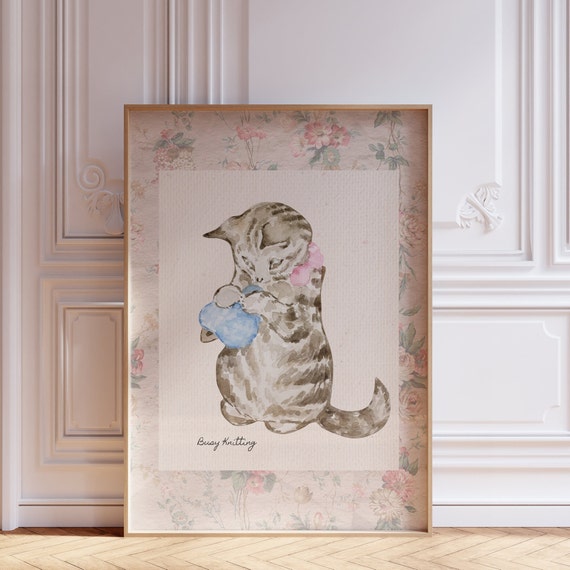 Knitting Kitten Art Print Wall Art Trendy Decor Abstract Vintage Painting Thin Line Products Blue Toile Nursery Decor
