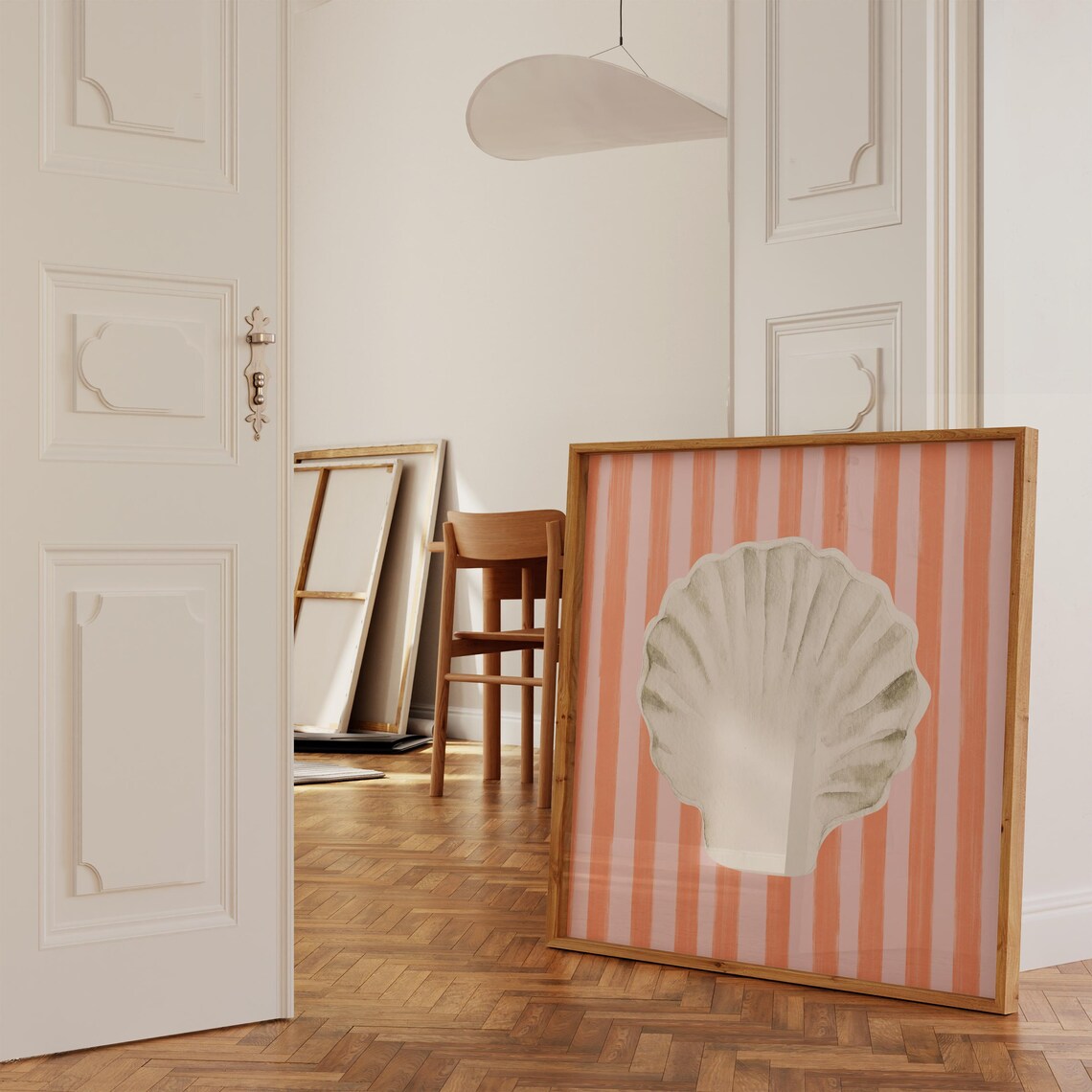 White Scallop Shell Coral Striped Background Coastal Watercolor Poster - Image 4