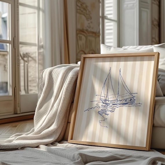 Cream Striped Sailboat Art Print, Nautical Decor