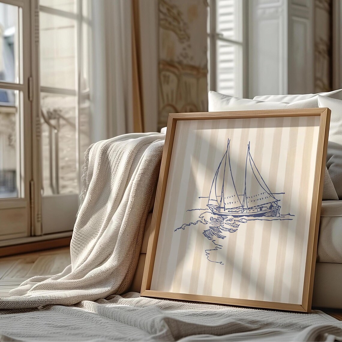 Cream Striped Sailboat Art Print, Nautical Decor