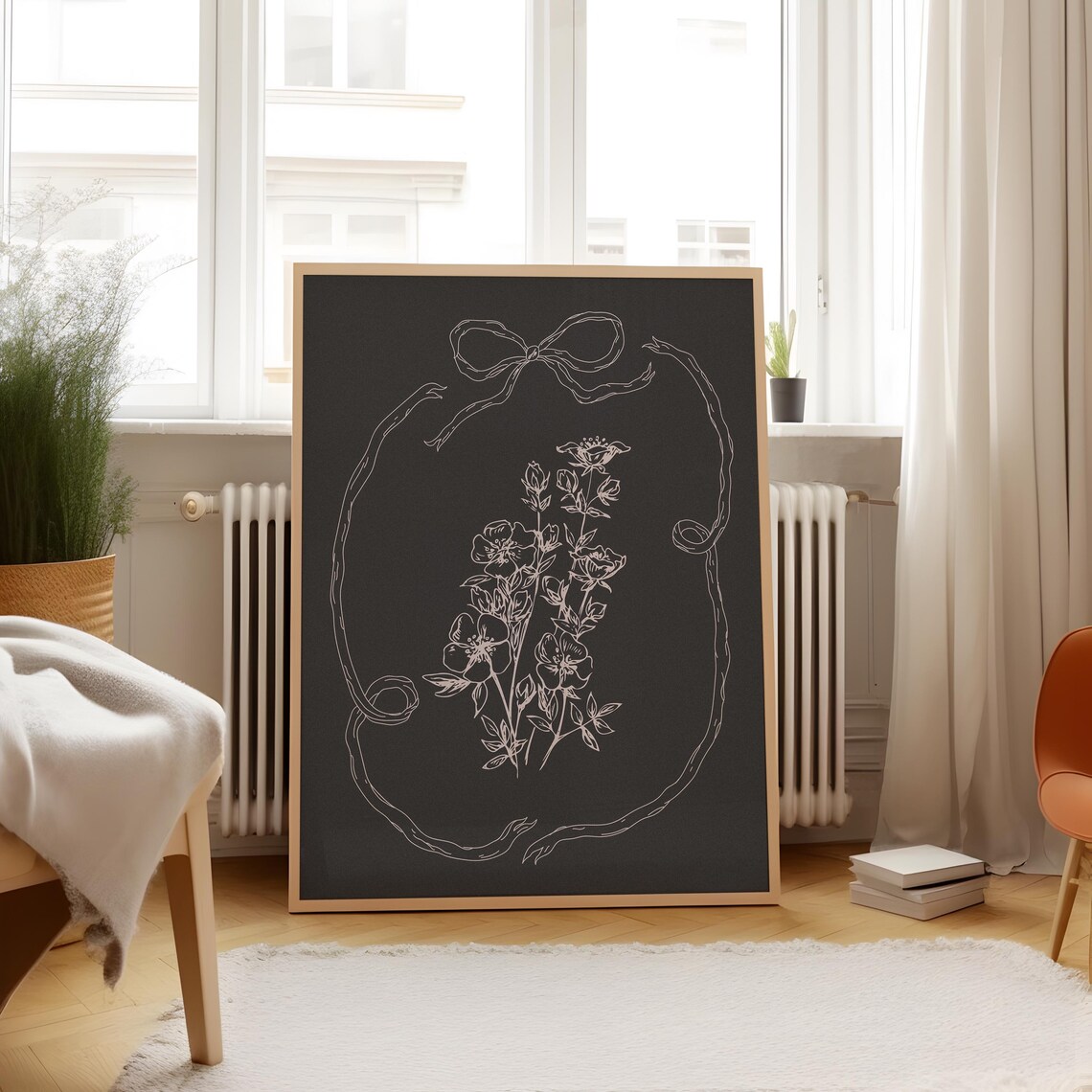 White Line Wildflower Bouquet on Black Chalkboard Style Poster