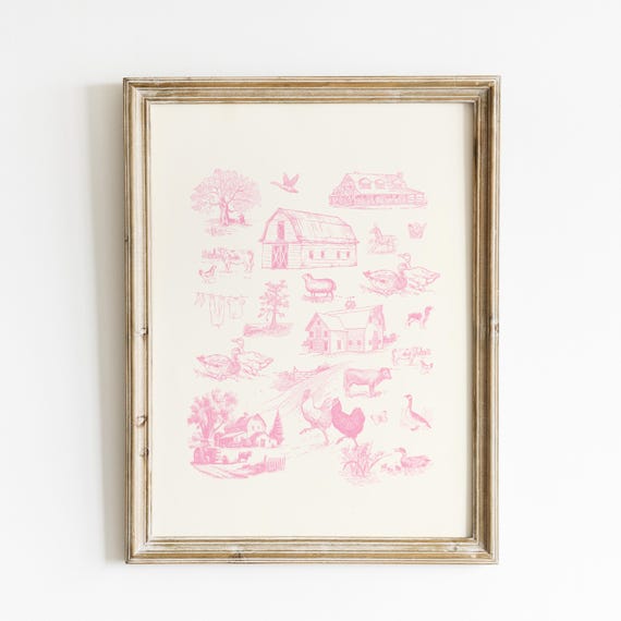 Pink Farm Life Toile Illustration, Vintage Art Print