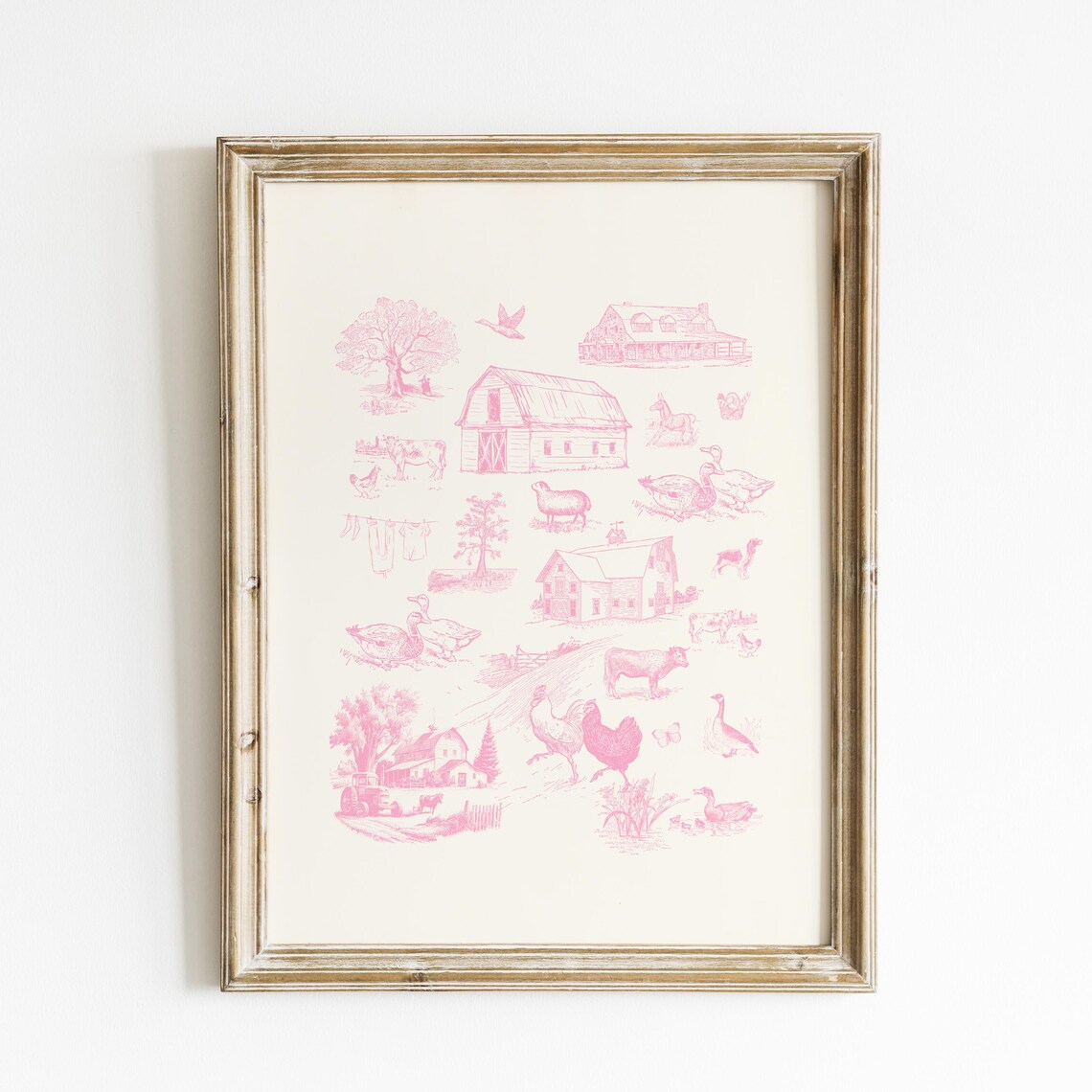 Pink Farm Life Toile Illustration, Vintage Art Print