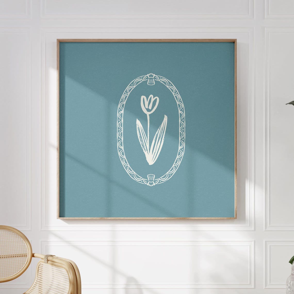 Teal Blue White Tulip Line Art Oval Frame Nursery Decor Poster - Image 2