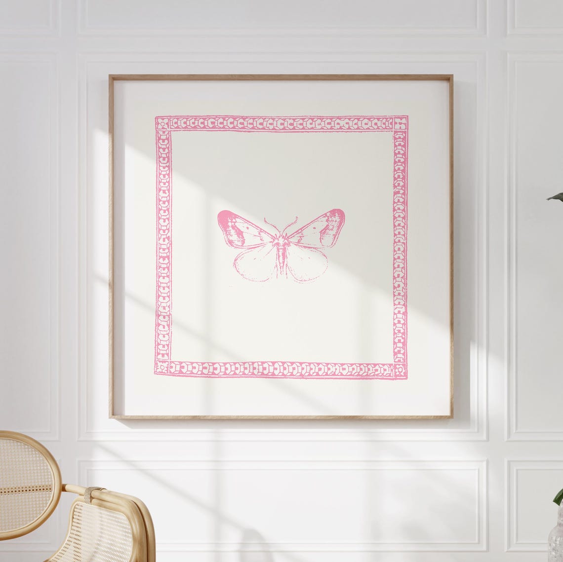 Minimalist Pink Line Butterfly With Ornate Border Square Art Print - Image 3
