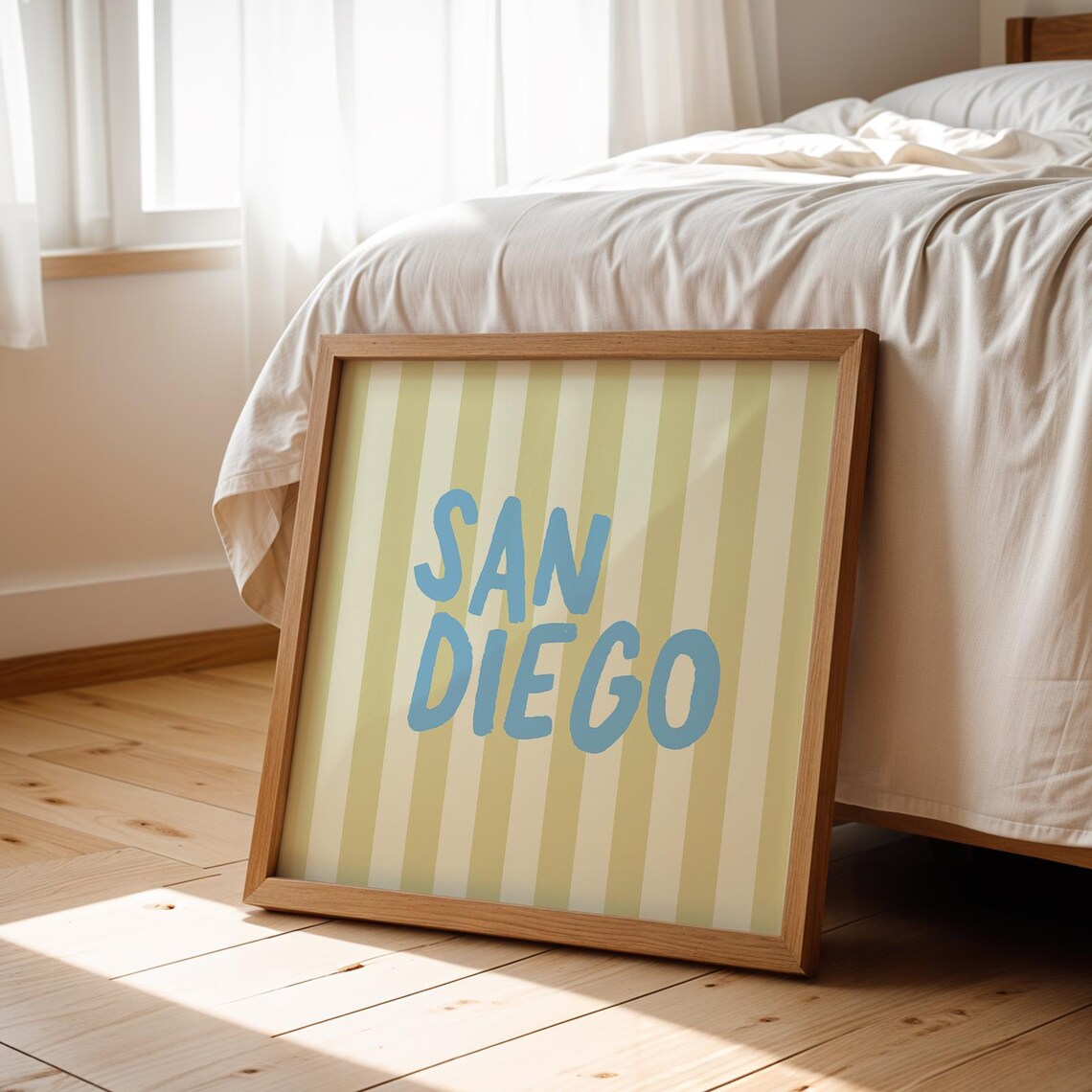 San Diego Blue Hand Lettered Green Striped Square City Name Poster - Image 3