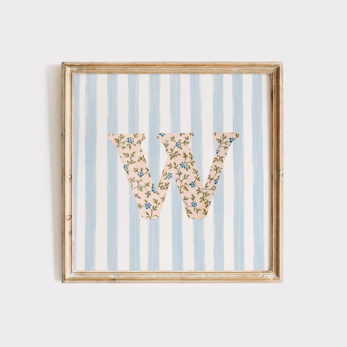Floral Letter W Initial on Blue Striped Cottagecore Nursery Poster - Image 2