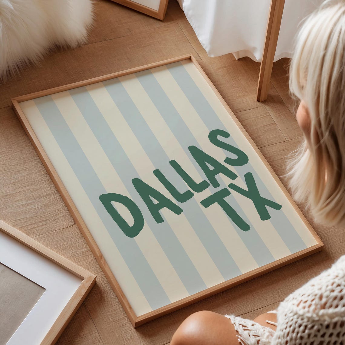 Dallas Texas Green Hand Lettered Striped Vertical City Name Poster - Image 2